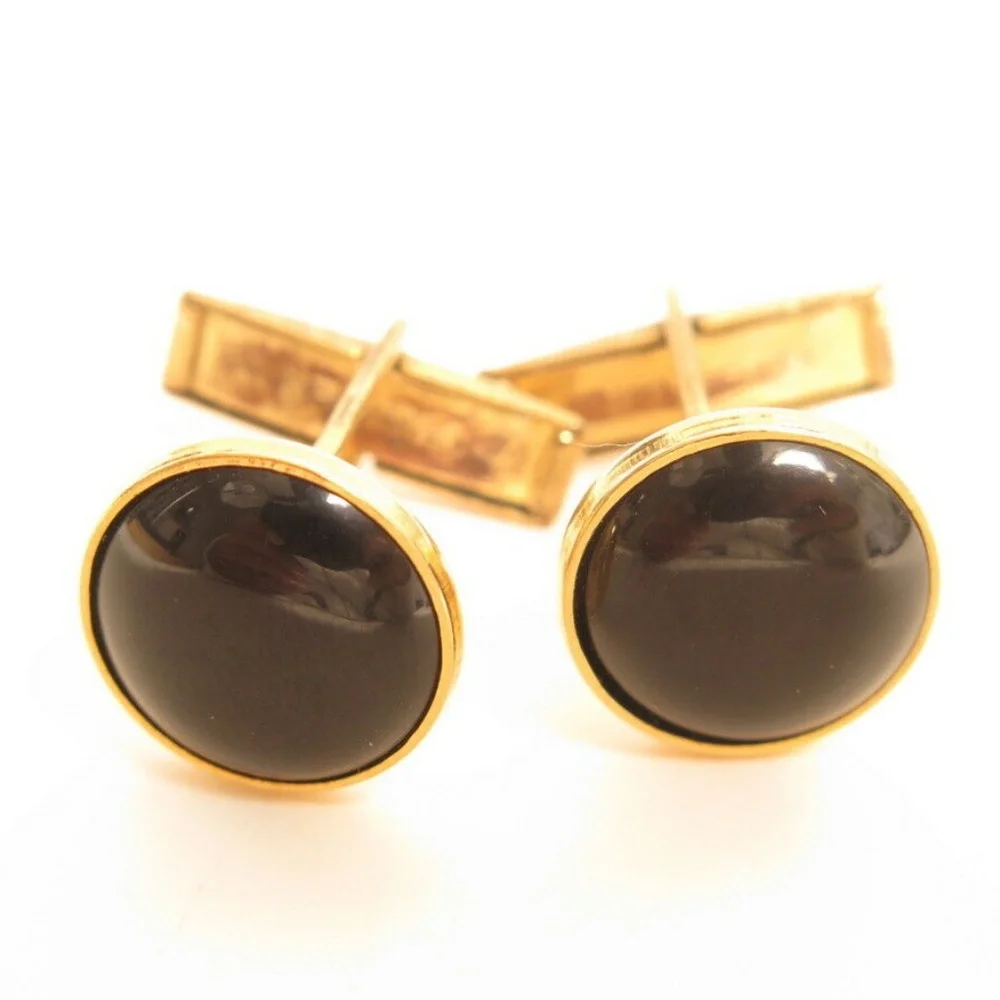 Vintage Mens Gold Tone Black Cabochon Round Cufflinks Classic Formal T-Back Pair